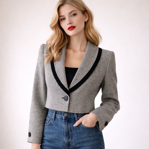Sasson Jeans Jackets & Blazers - Sasson‎ VTG Cropped Contrast Trim Blazer Jacket Black White Tuxedo Chic 6